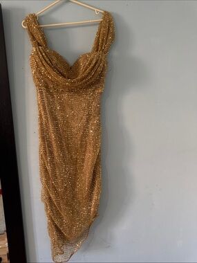 Gold Sequin Draped Evening Dress